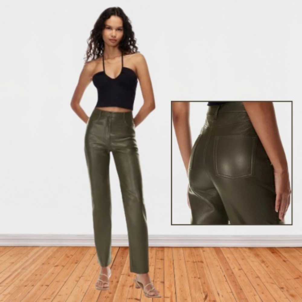 WILFRED x ARITZIA Melina Faux Leather Pants Straight Leg Olive Green Size‎ 8